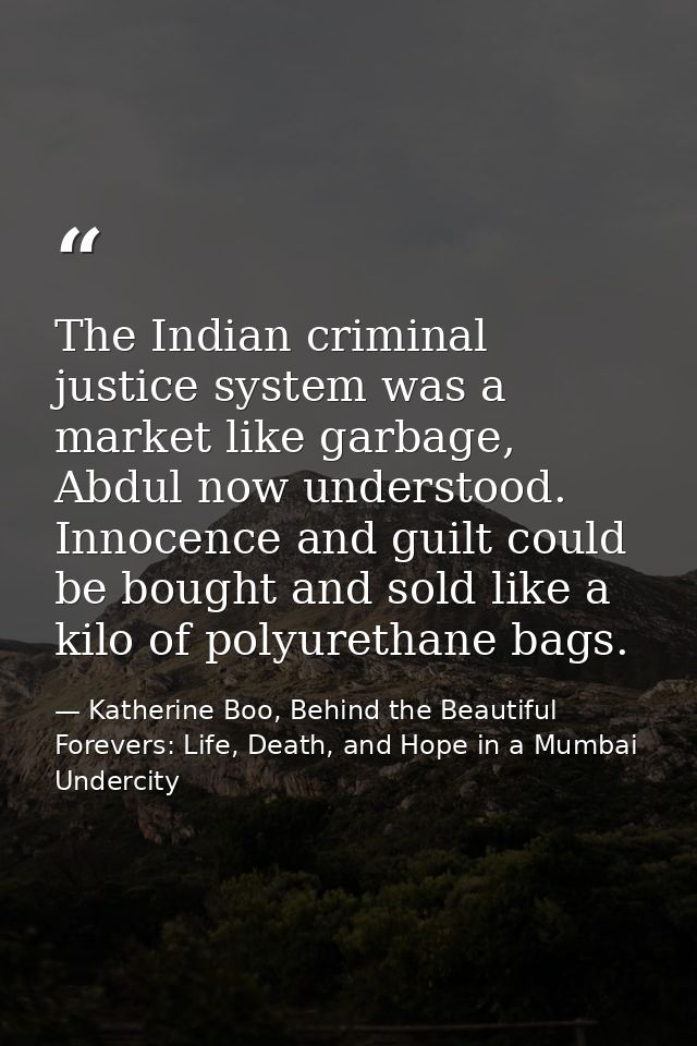 The Indian criminal justice system was a market like garbage, Abdul now understood. Innocence and guilt could be bought  — Katherine Boo, Behind the Beautiful Forevers: Life, Death, and Hope in a Mumbai Undercity