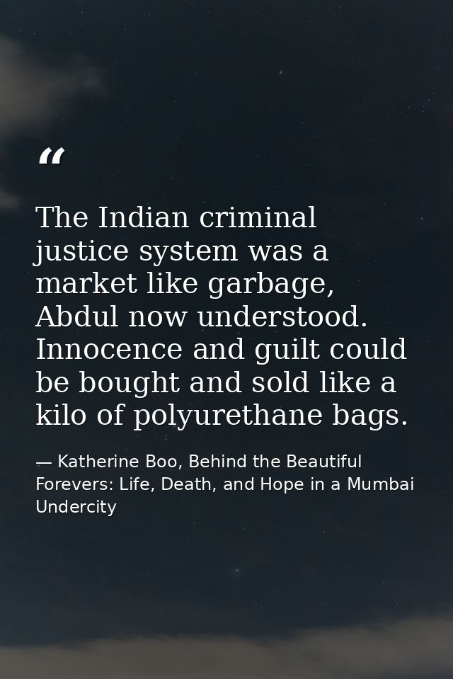 The Indian criminal justice system was a market like garbage, Abdul now understood. Innocence and guilt could be bought  — Katherine Boo, Behind the Beautiful Forevers: Life, Death, and Hope in a Mumbai Undercity