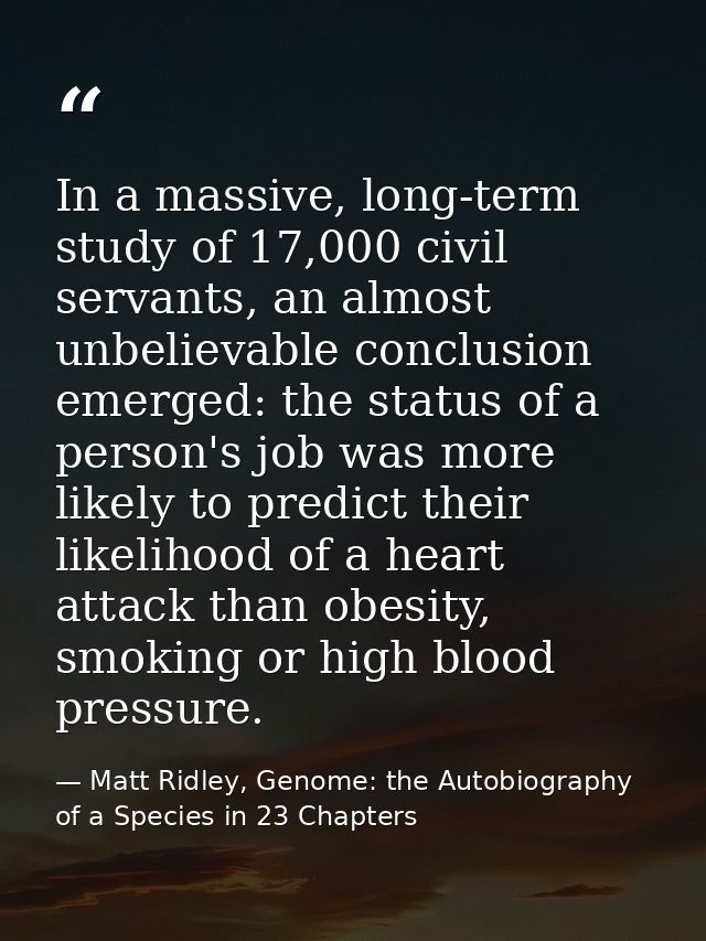 In a massive, long-term study of 17,000 civil servants, an almost unbelievable conclusion emerged: the status of a perso — Matt Ridley, Genome: the Autobiography of a Species in 23 Chapters