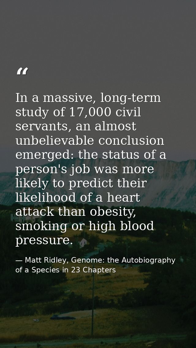In a massive, long-term study of 17,000 civil servants, an almost unbelievable conclusion emerged: the status of a perso — Matt Ridley, Genome: the Autobiography of a Species in 23 Chapters