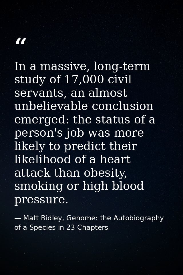 In a massive, long-term study of 17,000 civil servants, an almost unbelievable conclusion emerged: the status of a perso — Matt Ridley, Genome: the Autobiography of a Species in 23 Chapters