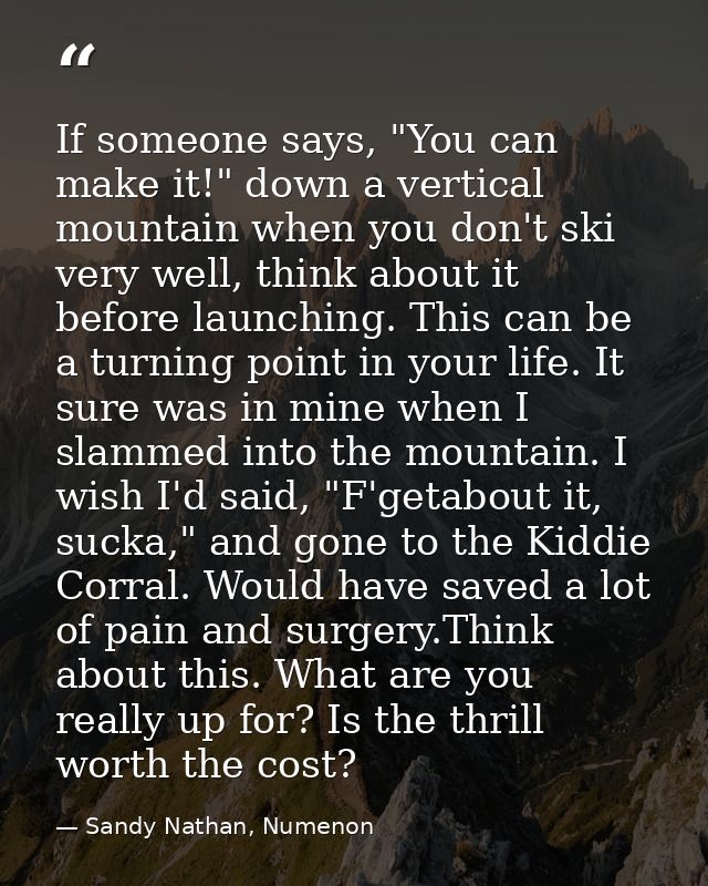 If someone says, "You can make it!" down a vertical mountain when you don't ski very well, think about it before launchi — Sandy Nathan, Numenon