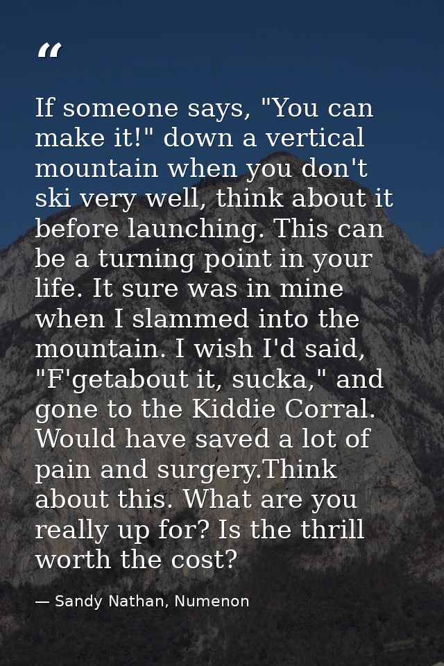 If someone says, "You can make it!" down a vertical mountain when you don't ski very well, think about it before launchi — Sandy Nathan, Numenon