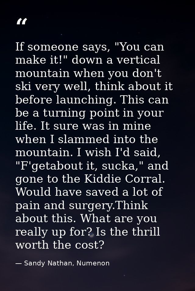 If someone says, "You can make it!" down a vertical mountain when you don't ski very well, think about it before launchi — Sandy Nathan, Numenon