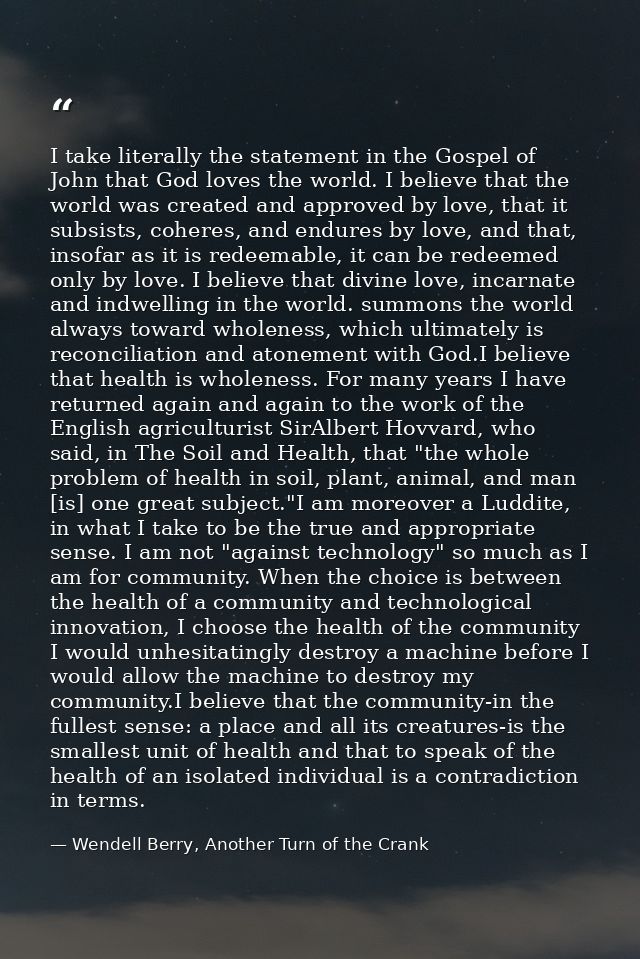 I take literally the statement in the Gospel of John that God loves the world. I believe that the world was created and  — Wendell Berry, Another Turn of the Crank