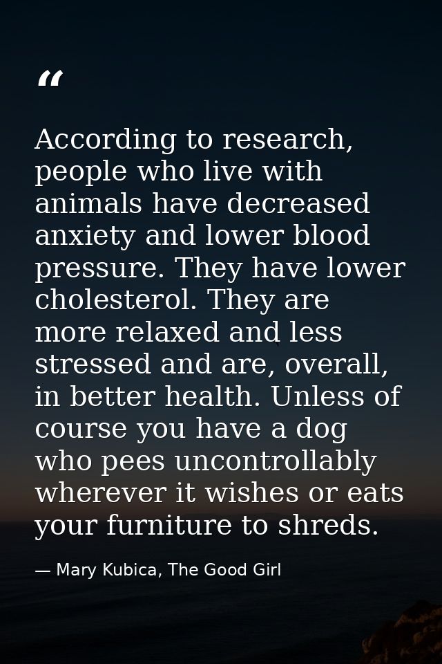 According to research, people who live with animals have decreased anxiety and lower blood pressure. They have lower cho — Mary Kubica, The Good Girl