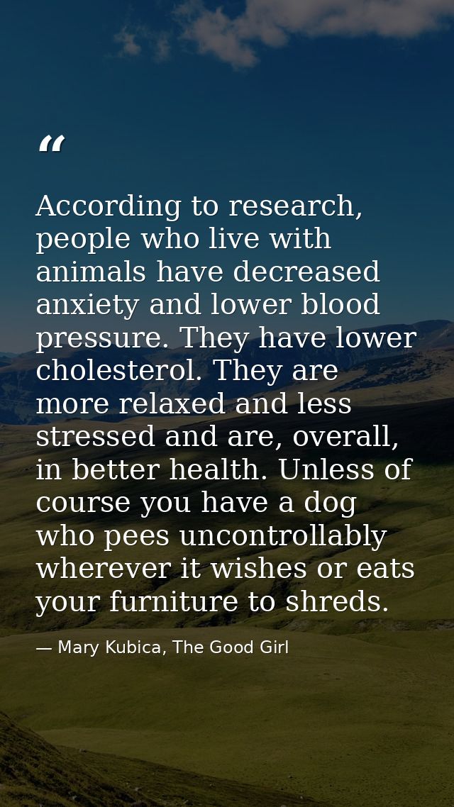 According to research, people who live with animals have decreased anxiety and lower blood pressure. They have lower cho — Mary Kubica, The Good Girl