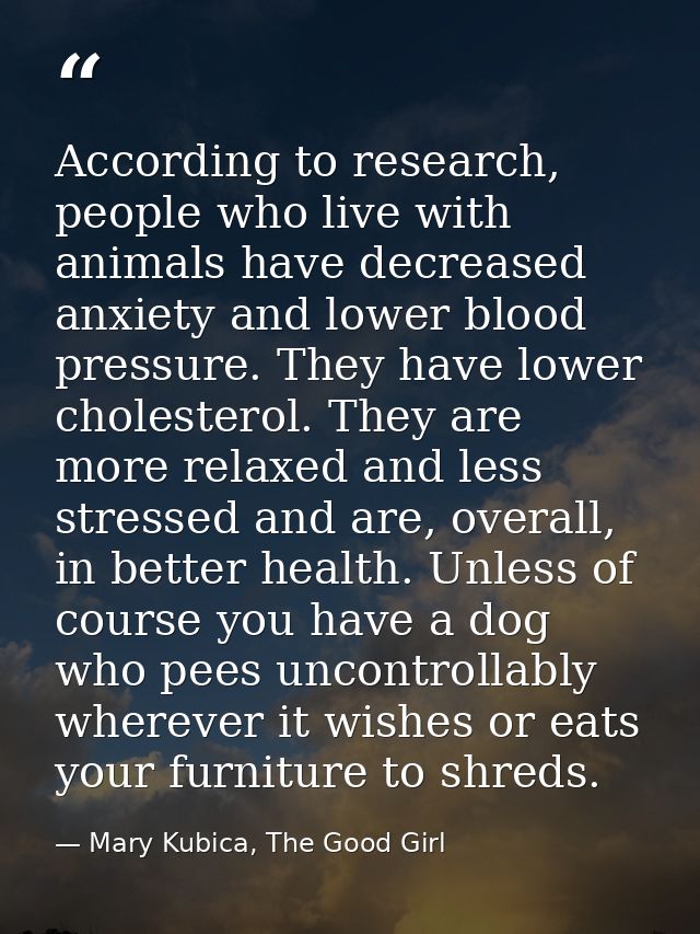 According to research, people who live with animals have decreased anxiety and lower blood pressure. They have lower cho — Mary Kubica, The Good Girl