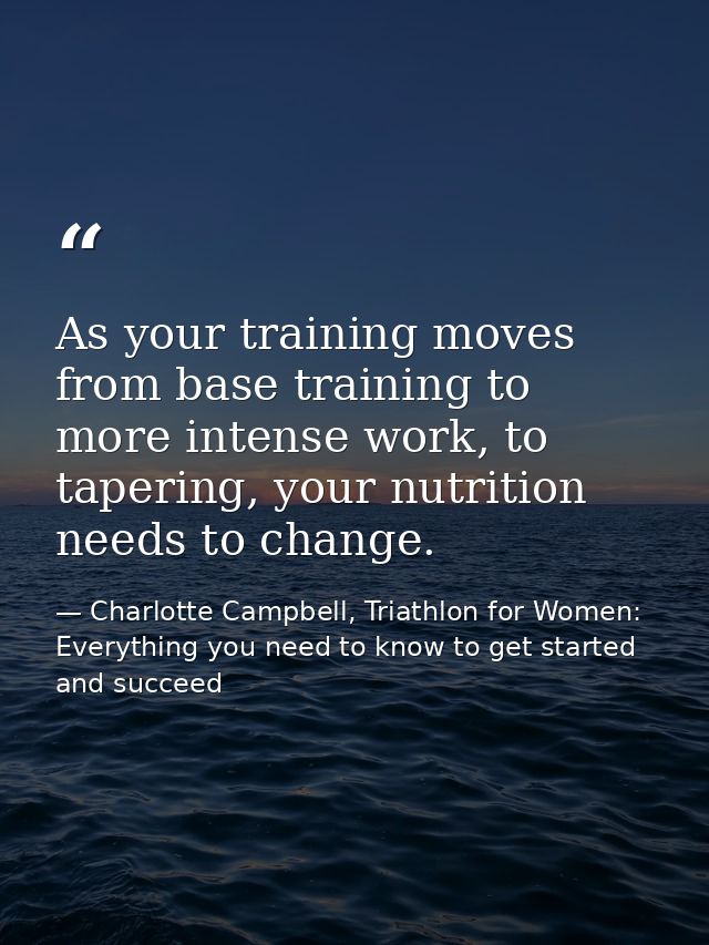 As your training moves from base training to more intense work, to tapering, your nutrition needs to change. — Charlotte Campbell, Triathlon for Women: Everything you need to know to get started and succeed