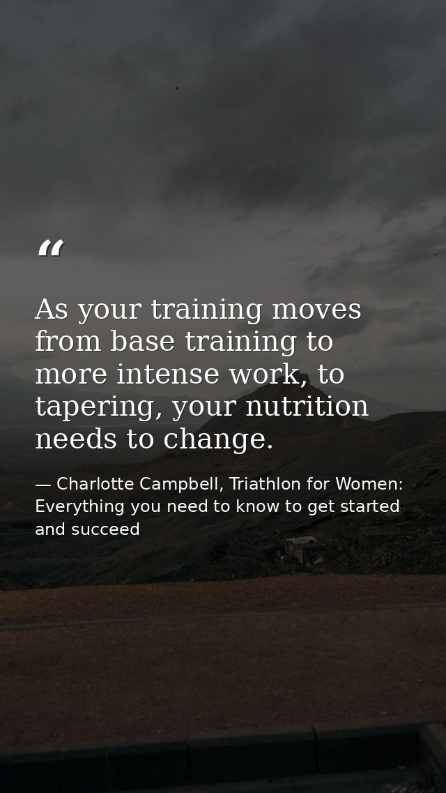 As your training moves from base training to more intense work, to tapering, your nutrition needs to change. — Charlotte Campbell, Triathlon for Women: Everything you need to know to get started and succeed