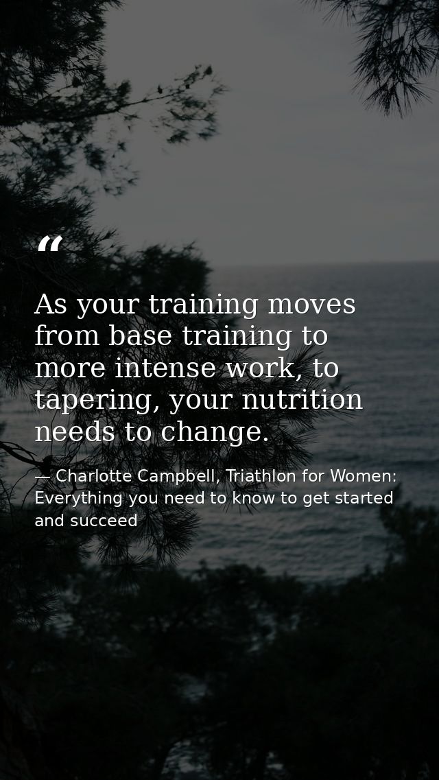 As your training moves from base training to more intense work, to tapering, your nutrition needs to change. — Charlotte Campbell, Triathlon for Women: Everything you need to know to get started and succeed