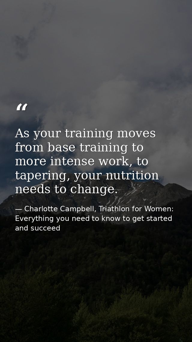 As your training moves from base training to more intense work, to tapering, your nutrition needs to change. — Charlotte Campbell, Triathlon for Women: Everything you need to know to get started and succeed