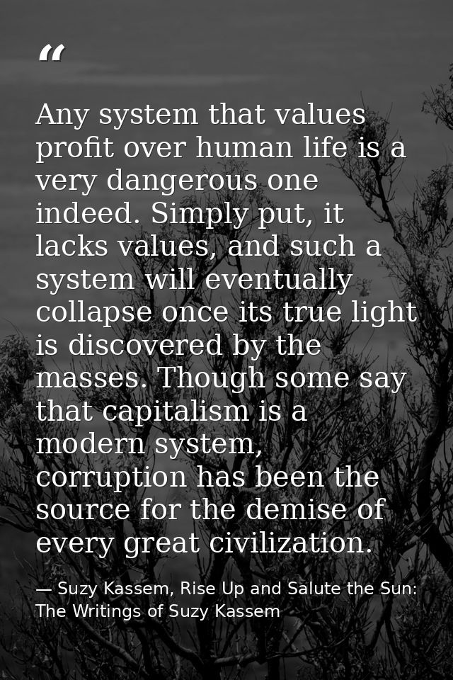 Any system that values profit over human life is a very dangerous one indeed. Simply put, it lacks values, and such a sy — Suzy Kassem, Rise Up and Salute the Sun: The Writings of Suzy Kassem