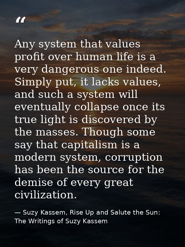 Any system that values profit over human life is a very dangerous one indeed. Simply put, it lacks values, and such a sy — Suzy Kassem, Rise Up and Salute the Sun: The Writings of Suzy Kassem