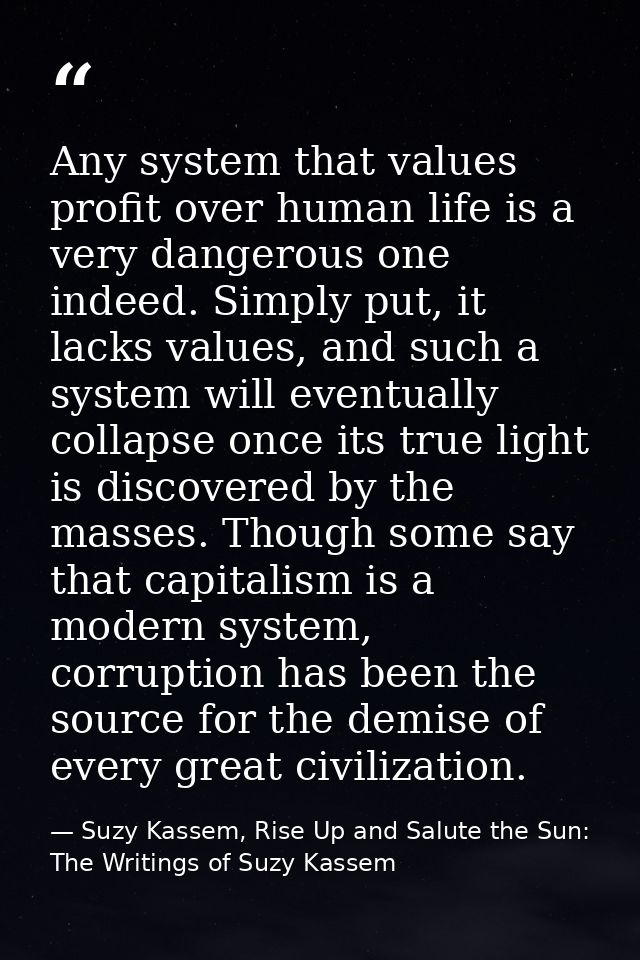 Any system that values profit over human life is a very dangerous one indeed. Simply put, it lacks values, and such a sy — Suzy Kassem, Rise Up and Salute the Sun: The Writings of Suzy Kassem