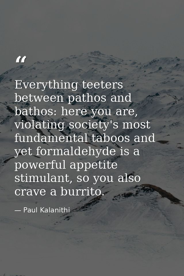 Everything teeters between pathos and bathos: here you are, violating society's most fundamental taboos and yet formalde — Paul Kalanithi