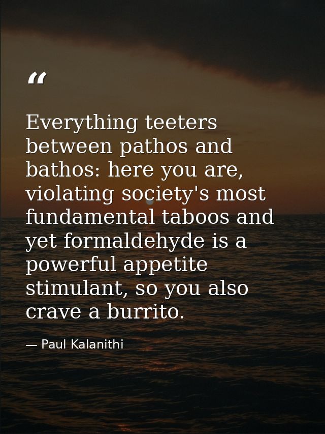 Everything teeters between pathos and bathos: here you are, violating society's most fundamental taboos and yet formalde — Paul Kalanithi