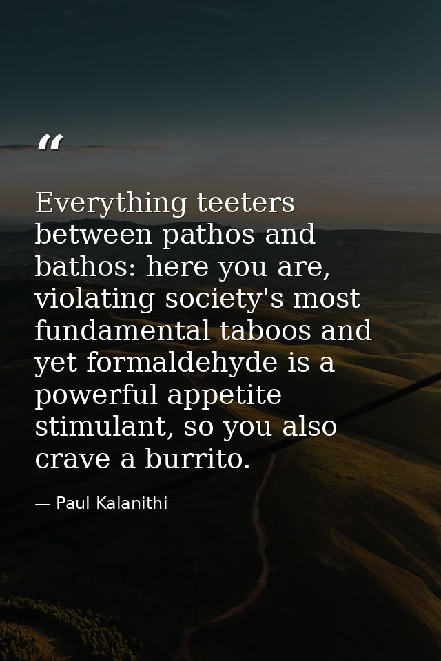 Everything teeters between pathos and bathos: here you are, violating society's most fundamental taboos and yet formalde — Paul Kalanithi