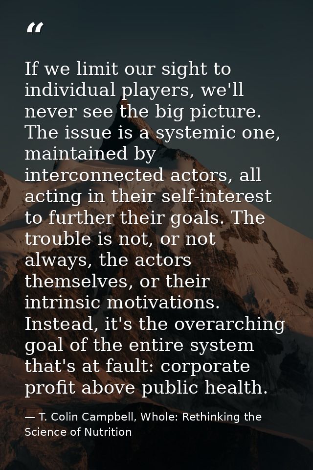 If we limit our sight to individual players, we'll never see the big picture. The issue is a systemic one, maintained by — T. Colin Campbell, Whole: Rethinking the Science of Nutrition