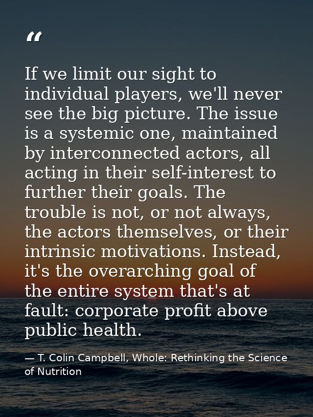 If we limit our sight to individual players, we'll never see the big picture. The issue is a systemic one, maintained by — T. Colin Campbell, Whole: Rethinking the Science of Nutrition
