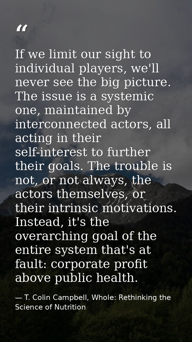 If we limit our sight to individual players, we'll never see the big picture. The issue is a systemic one, maintained by — T. Colin Campbell, Whole: Rethinking the Science of Nutrition
