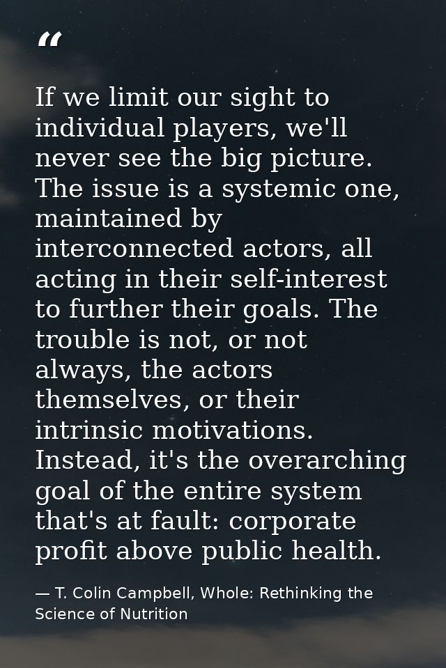 If we limit our sight to individual players, we'll never see the big picture. The issue is a systemic one, maintained by — T. Colin Campbell, Whole: Rethinking the Science of Nutrition