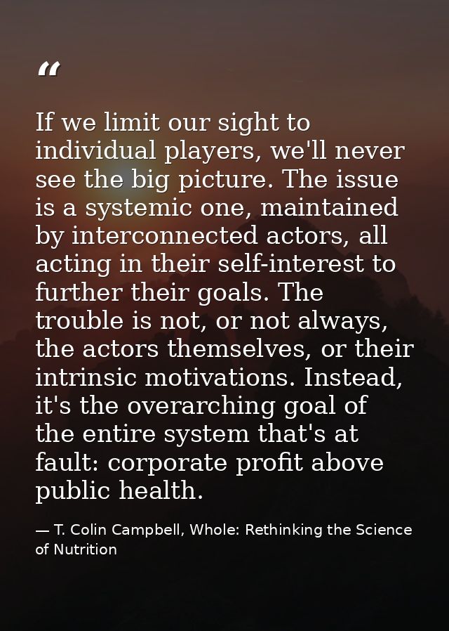 If we limit our sight to individual players, we'll never see the big picture. The issue is a systemic one, maintained by — T. Colin Campbell, Whole: Rethinking the Science of Nutrition