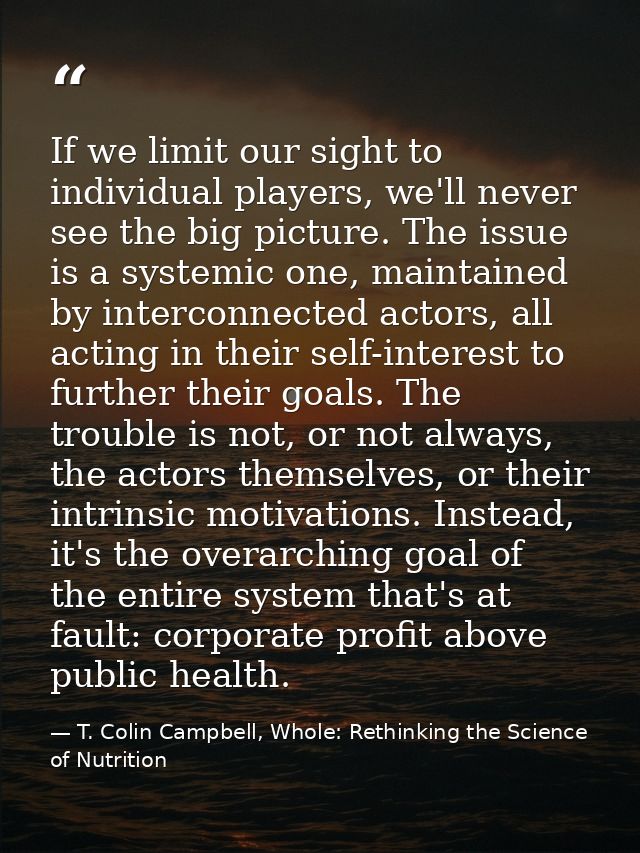 If we limit our sight to individual players, we'll never see the big picture. The issue is a systemic one, maintained by — T. Colin Campbell, Whole: Rethinking the Science of Nutrition