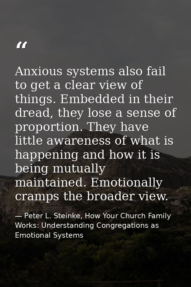 Anxious systems also fail to get a clear view of things. Embedded in their dread, they lose a sense of proportion. They  — Peter L. Steinke, How Your Church Family Works: Understanding Congregations as Emotional Systems