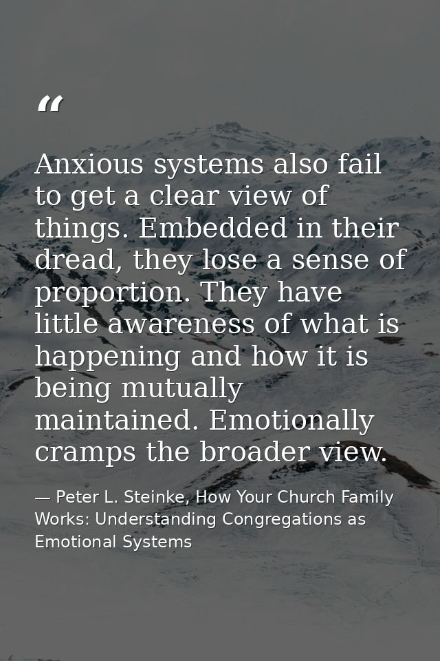 Anxious systems also fail to get a clear view of things. Embedded in their dread, they lose a sense of proportion. They  — Peter L. Steinke, How Your Church Family Works: Understanding Congregations as Emotional Systems
