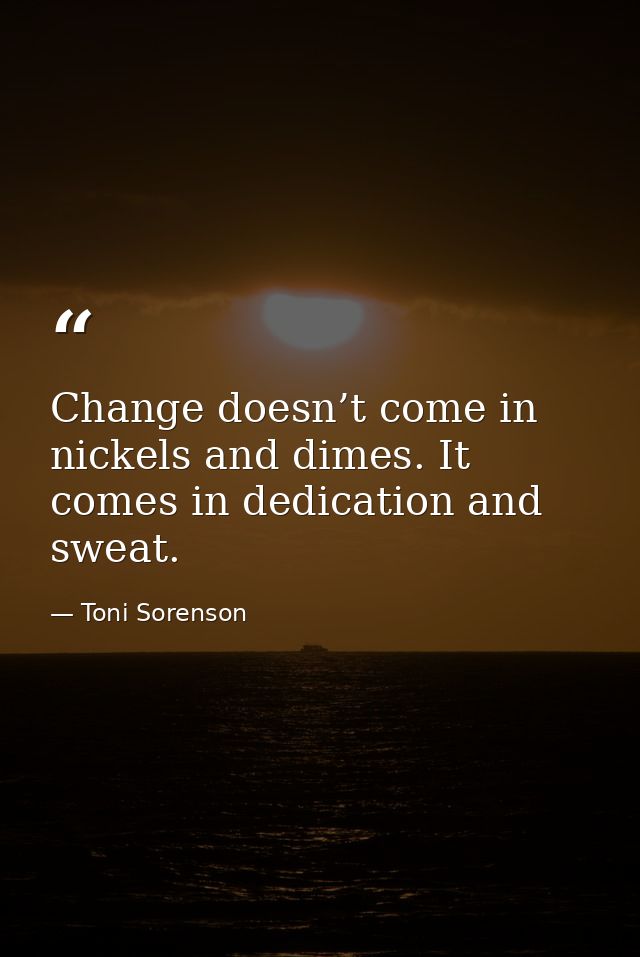 Change doesn’t come in nickels and dimes. It comes in dedication and sweat. — Toni Sorenson