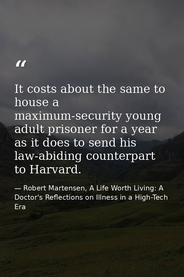 It costs about the same to house a maximum-security young adult prisoner for a year as it does to send his law-abiding c — Robert Martensen, A Life Worth Living: A Doctor's Reflections on Illness in a High-Tech Era