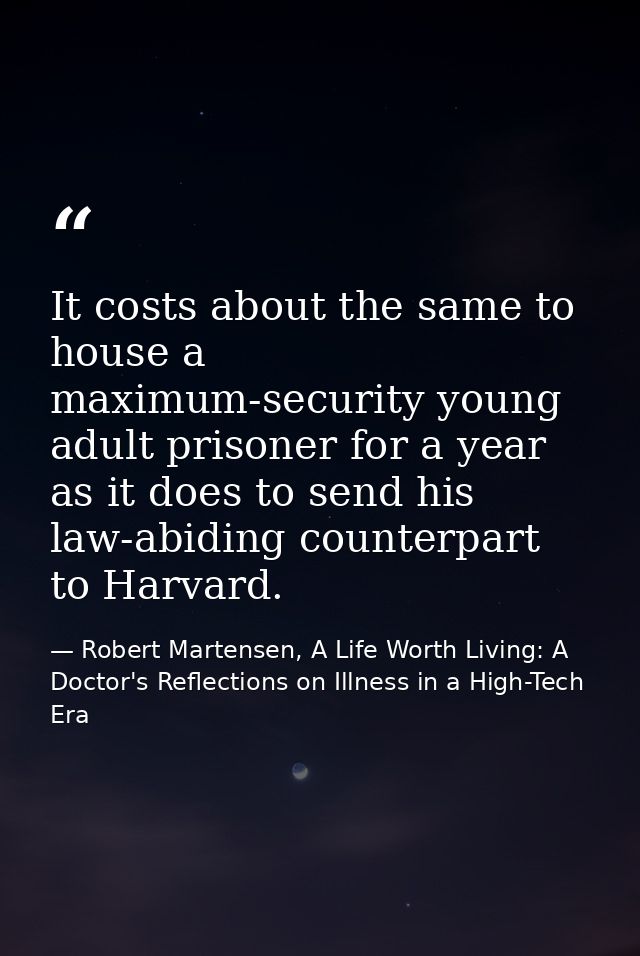 It costs about the same to house a maximum-security young adult prisoner for a year as it does to send his law-abiding c — Robert Martensen, A Life Worth Living: A Doctor's Reflections on Illness in a High-Tech Era