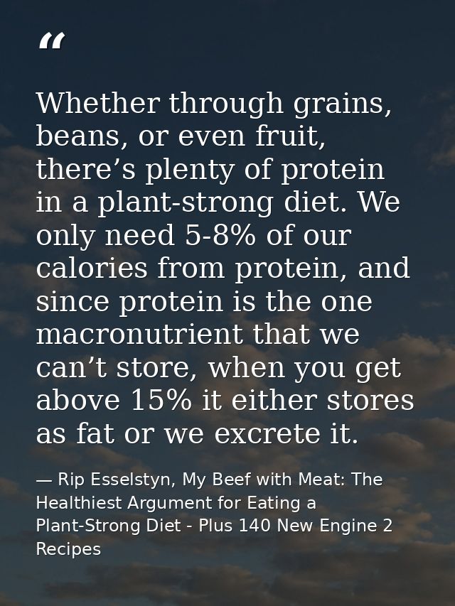 Whether through grains, beans, or even fruit, there’s plenty of protein in a plant-strong diet. We only need 5-8% of our — Rip Esselstyn, My Beef with Meat: The Healthiest Argument for Eating a Plant-Strong Diet - Plus 140 New Engine 2 Recipes