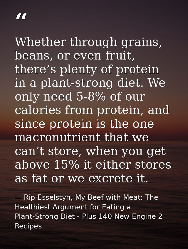 Whether through grains, beans, or even fruit, there’s plenty of protein in a plant-strong diet. We only need 5-8% of our — Rip Esselstyn, My Beef with Meat: The Healthiest Argument for Eating a Plant-Strong Diet - Plus 140 New Engine 2 Recipes