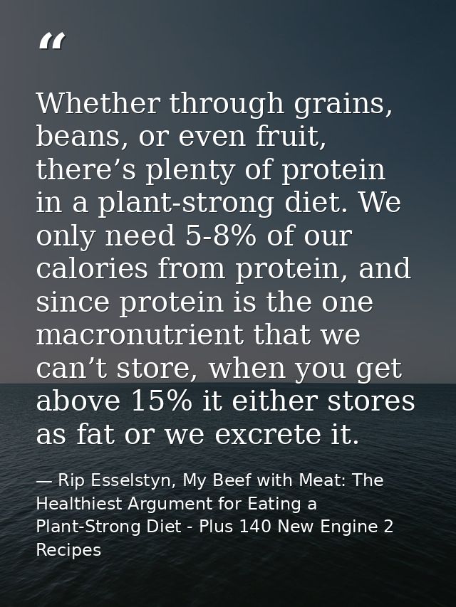 Whether through grains, beans, or even fruit, there’s plenty of protein in a plant-strong diet. We only need 5-8% of our — Rip Esselstyn, My Beef with Meat: The Healthiest Argument for Eating a Plant-Strong Diet - Plus 140 New Engine 2 Recipes