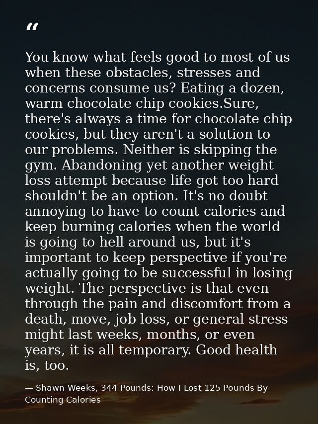 You know what feels good to most of us when these obstacles, stresses and concerns consume us? Eating a dozen, warm choc — Shawn Weeks, 344 Pounds: How I Lost 125 Pounds By Counting Calories