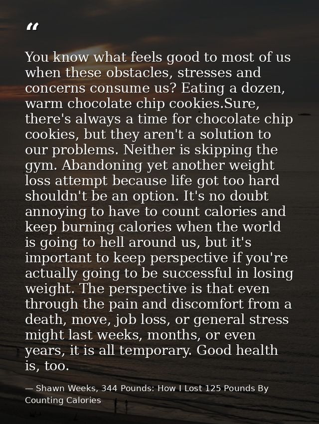 You know what feels good to most of us when these obstacles, stresses and concerns consume us? Eating a dozen, warm choc — Shawn Weeks, 344 Pounds: How I Lost 125 Pounds By Counting Calories