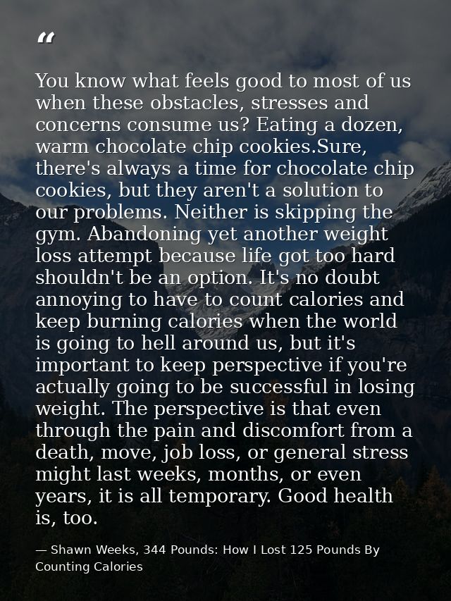 You know what feels good to most of us when these obstacles, stresses and concerns consume us? Eating a dozen, warm choc — Shawn Weeks, 344 Pounds: How I Lost 125 Pounds By Counting Calories