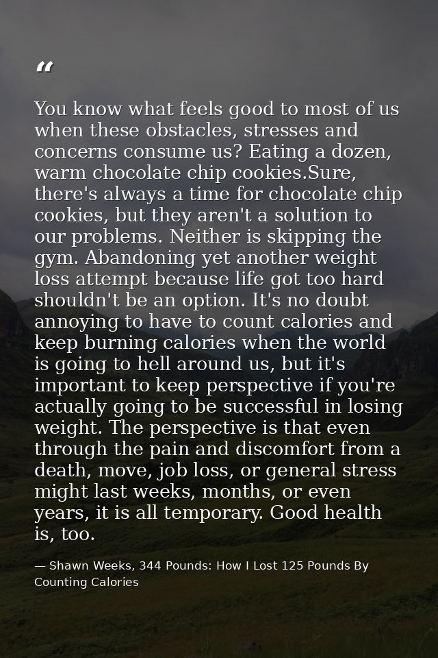 You know what feels good to most of us when these obstacles, stresses and concerns consume us? Eating a dozen, warm choc — Shawn Weeks, 344 Pounds: How I Lost 125 Pounds By Counting Calories