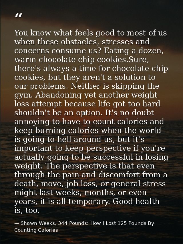 You know what feels good to most of us when these obstacles, stresses and concerns consume us? Eating a dozen, warm choc — Shawn Weeks, 344 Pounds: How I Lost 125 Pounds By Counting Calories