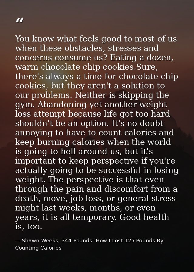You know what feels good to most of us when these obstacles, stresses and concerns consume us? Eating a dozen, warm choc — Shawn Weeks, 344 Pounds: How I Lost 125 Pounds By Counting Calories