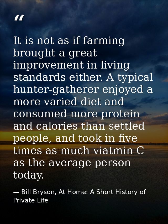 It is not as if farming brought a great improvement in living standards either. A typical hunter-gatherer enjoyed a more — Bill Bryson, At Home: A Short History of Private Life