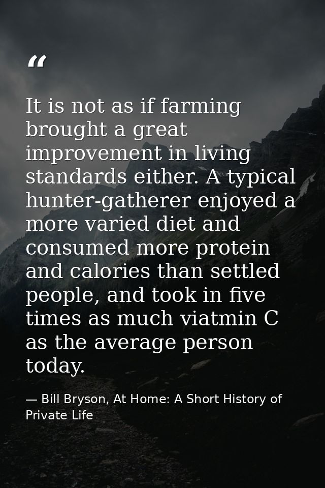 It is not as if farming brought a great improvement in living standards either. A typical hunter-gatherer enjoyed a more — Bill Bryson, At Home: A Short History of Private Life