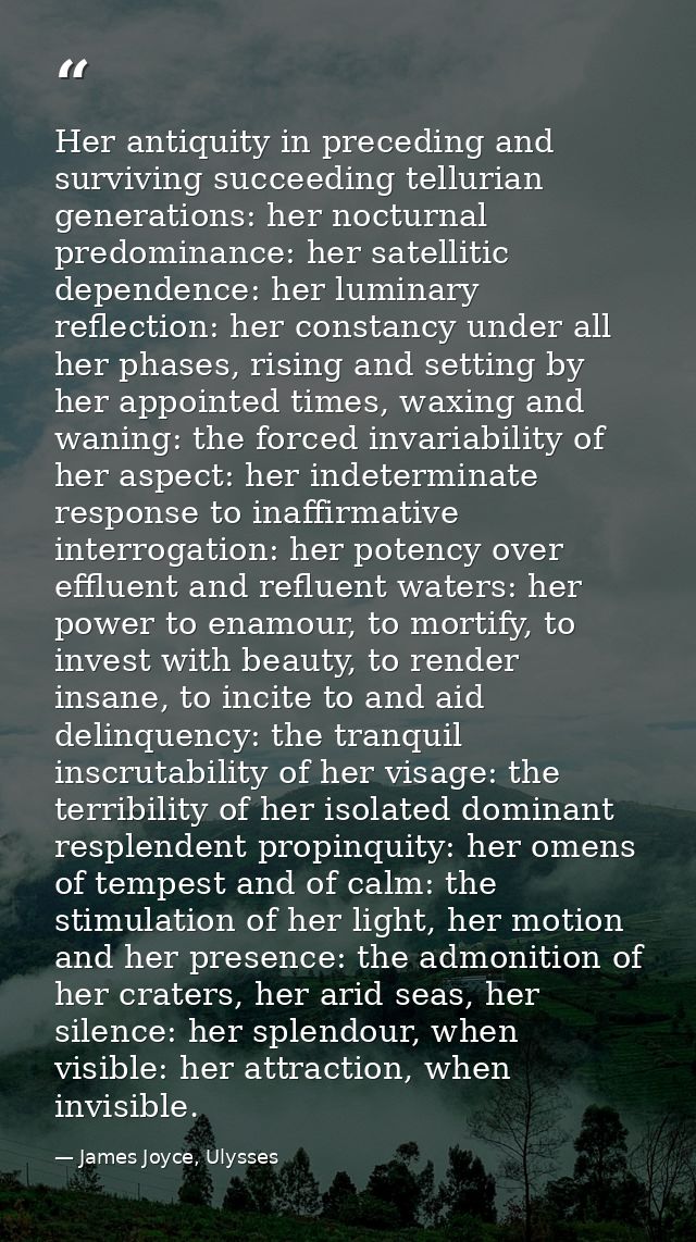 Her antiquity in preceding and surviving succeeding tellurian generations: her nocturnal predominance: her satellitic de — James Joyce, Ulysses