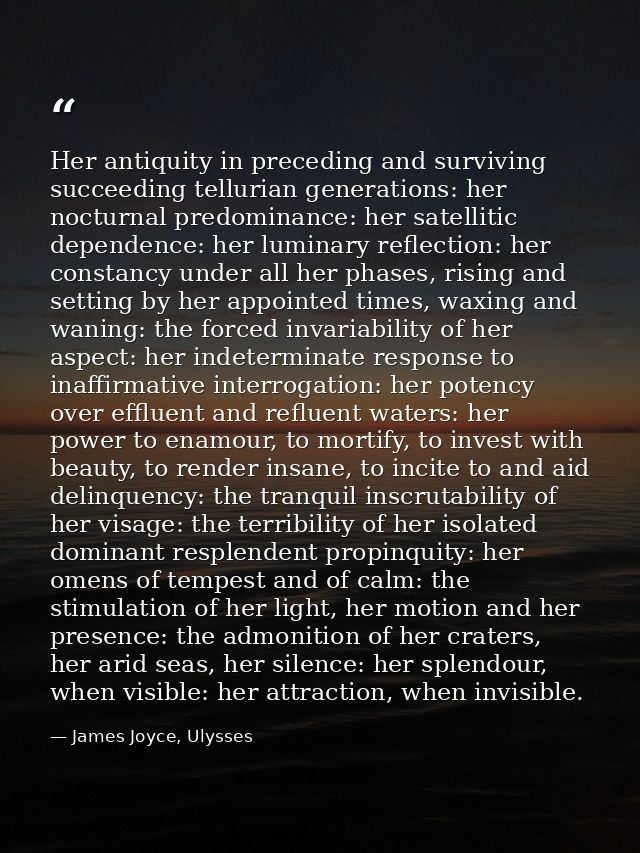 Her antiquity in preceding and surviving succeeding tellurian generations: her nocturnal predominance: her satellitic de — James Joyce, Ulysses