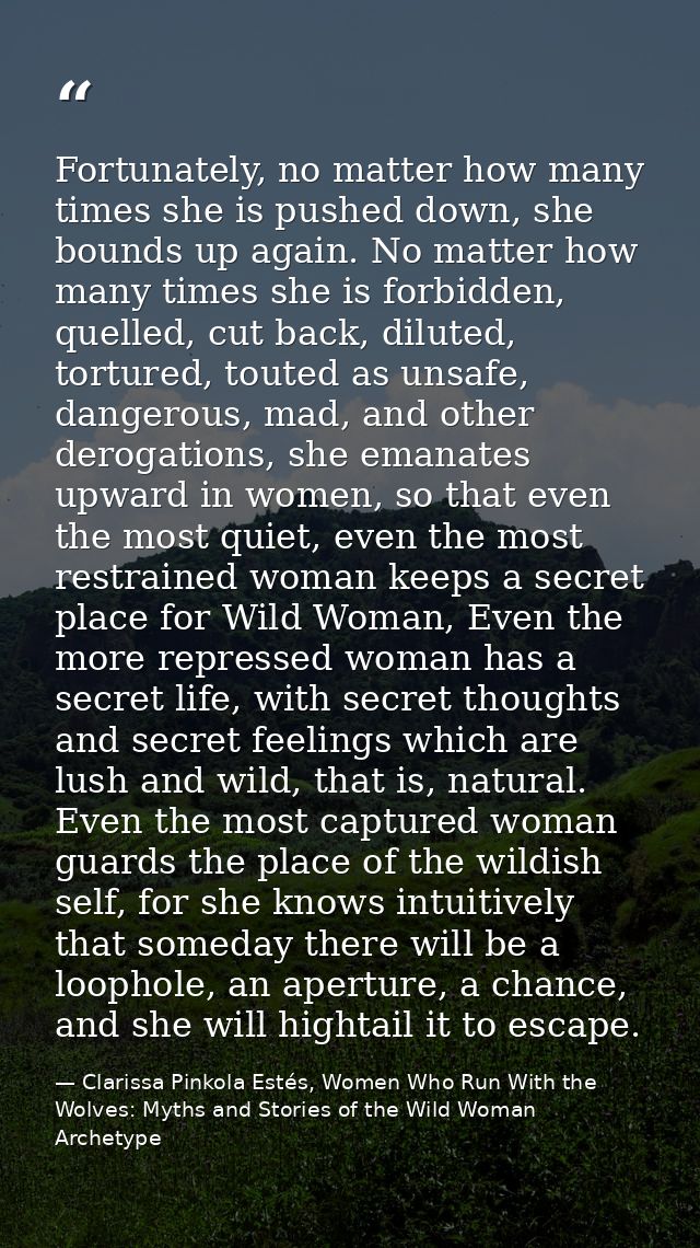 Fortunately, no matter how many times she is pushed down, she bounds up again. No matter how many times she is forbidden — Clarissa Pinkola Estés, Women Who Run With the Wolves: Myths and Stories of the Wild Woman Archetype