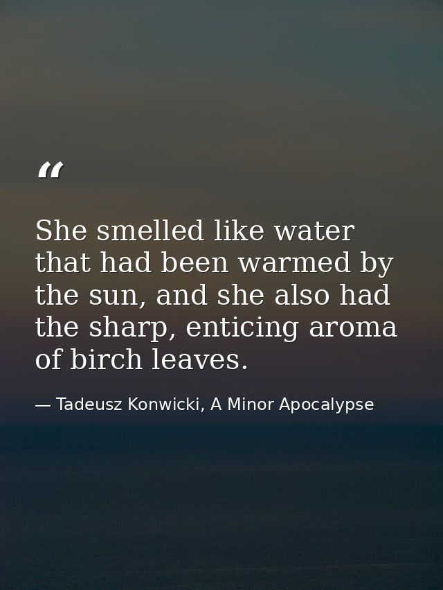She smelled like water that had been warmed by the sun, and she also had the sharp, enticing aroma of birch leaves. — Tadeusz Konwicki, A Minor Apocalypse