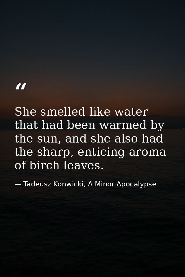 She smelled like water that had been warmed by the sun, and she also had the sharp, enticing aroma of birch leaves. — Tadeusz Konwicki, A Minor Apocalypse