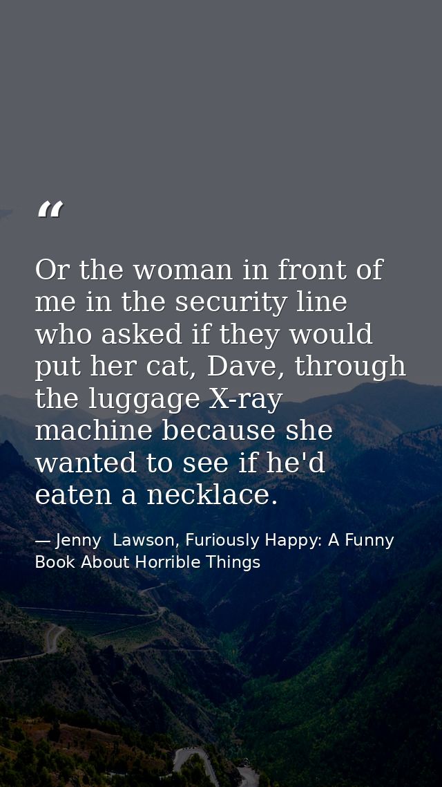 Or the woman in front of me in the security line who asked if they would put her cat, Dave, through the luggage X-ray ma — Jenny  Lawson, Furiously Happy: A Funny Book About Horrible Things